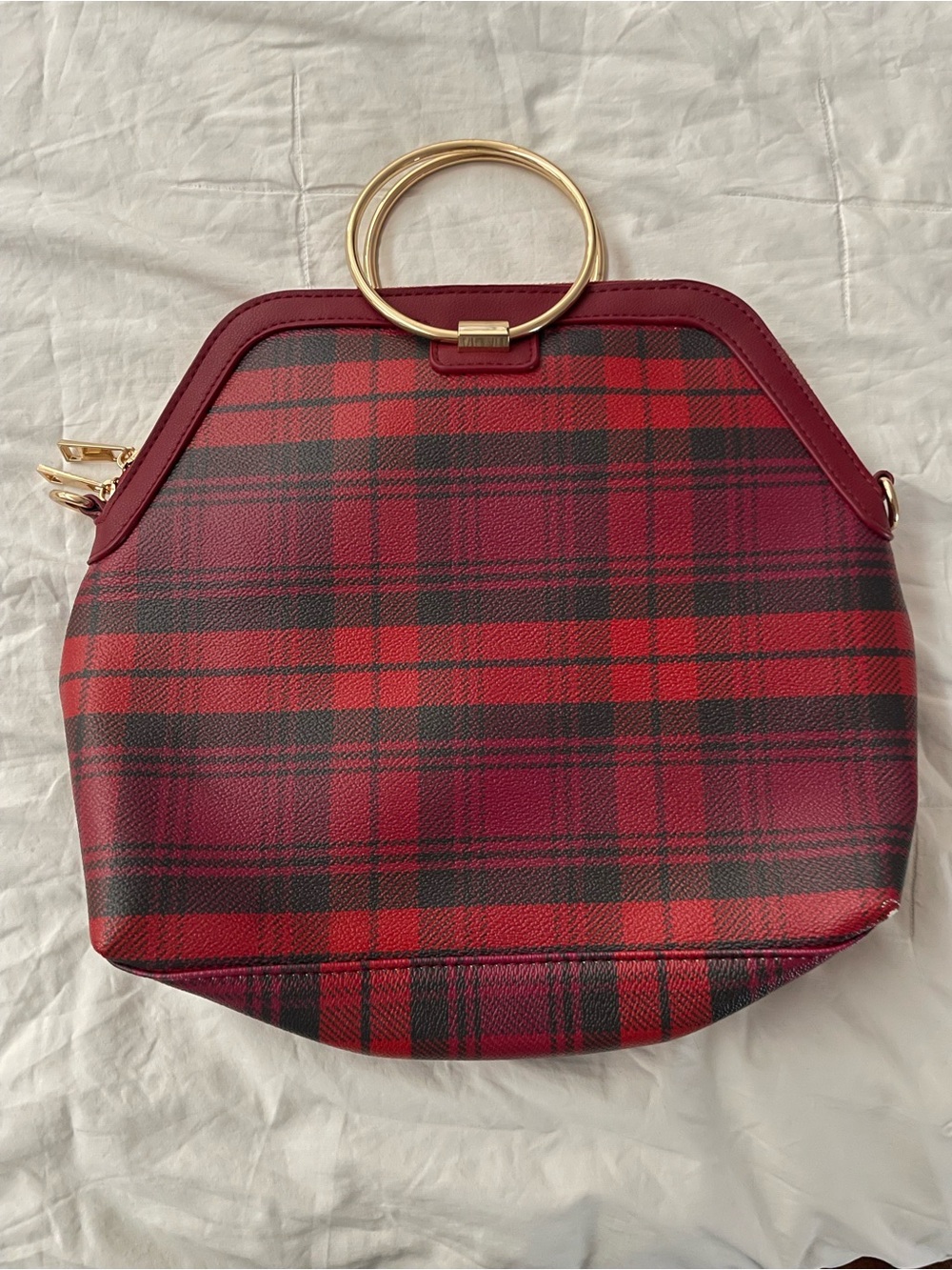 IMAN Red Plaid Mini Ring-Handle Bag with Gold Hardware